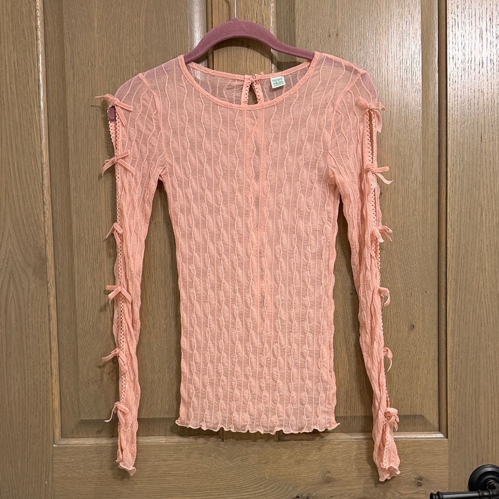 Find Me Now Sheer Coral Pink Top With Bows Size XS
